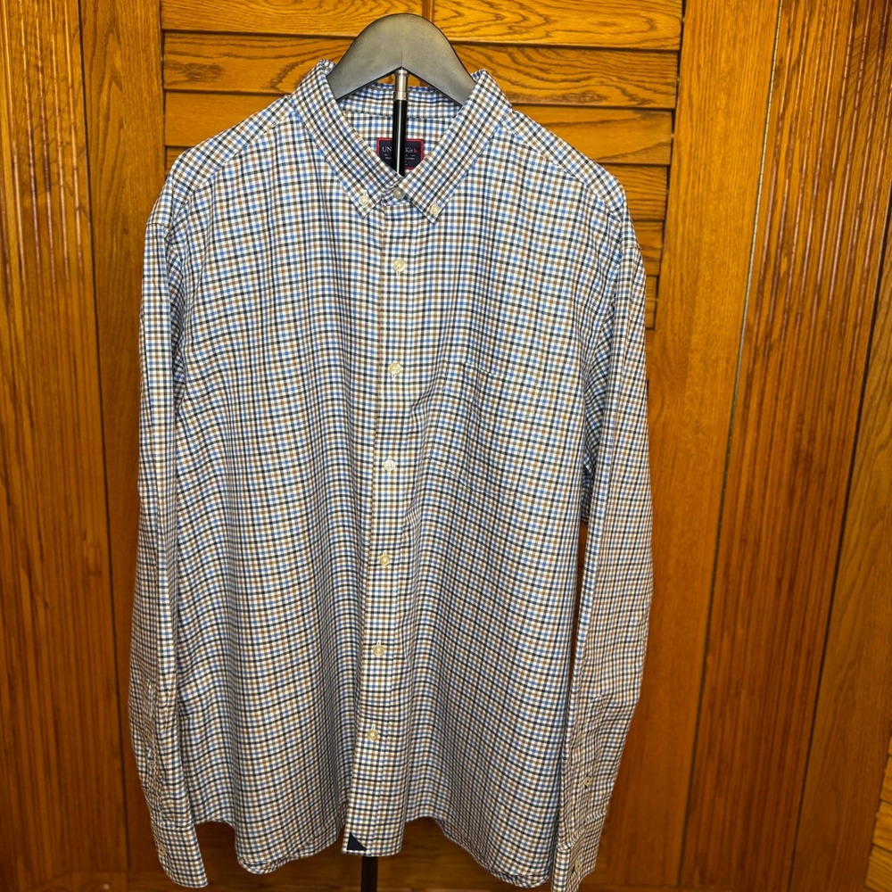 UNTUCKit Mens XXL Relaxed Fit Wrinkle Free Button Down Shirt Blue Brown Check